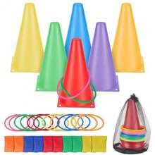 TECHVIDA Juego de 31 Juegos de Lanzamiento de Anillos Juego de Juegos de Carnaval 3 en 1 con Bolsas de Frijoles Aros de Plástico Marcadores de Cono y Bolsa de Malla de Transporte para Exteriores - 223417413 - Ver 1