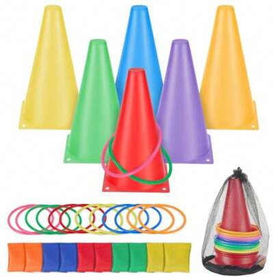 TECHVIDA Juego de 31 Juegos de Lanzamiento de Anillos Juego de Juegos de Carnaval 3 en 1 con Bolsas de Frijoles Aros de Plástico Marcadores de Cono y Bolsa de Malla de Transporte para Exteriores