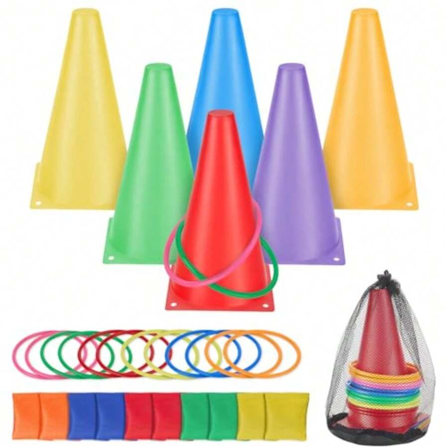 TECHVIDA Juego de 31 Juegos de Lanzamiento de Anillos Juego de Juegos de Carnaval 3 en 1 con Bolsas de Frijoles Aros de Plástico Marcadores de Cono y Bolsa de Malla de Transporte para Exteriores - 223417413 - Ver 1