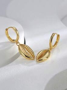Charm-In Pendientes de aro chapados en oro (disponibles en estilo concha colgante / ola texturizada / cuadrado minimalista) - Joyería de moda, adecuada para uso diario, playa, fiesta, gran regalo para mujeres - Dorado - Ver 2