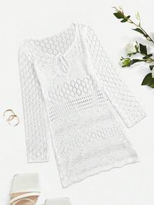 Robe de plage à manches longues en tricot, style européen et américain, minimaliste et sexy, pour femmes. Coupe ajustée avec motif ajouré, idéale pour les vacances d'été - Blanc - Voir 5
