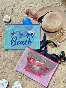 時尚防水PVC海灘包，附「Beach」貝殼圖案，A4尺寸，透明化妝包、盥洗包，尼龍拉鍊，適合游泳、潛水、夏季度假，輕量，海灘必備，旅行/開學必備，度假良伴 - 彩色 - 查看 4