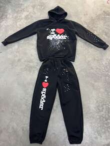 Classic Letter-Printed Men's And Women's Casual And Fashion Fleece Hooded Sweatshirt And Pants Set - Black - View 1