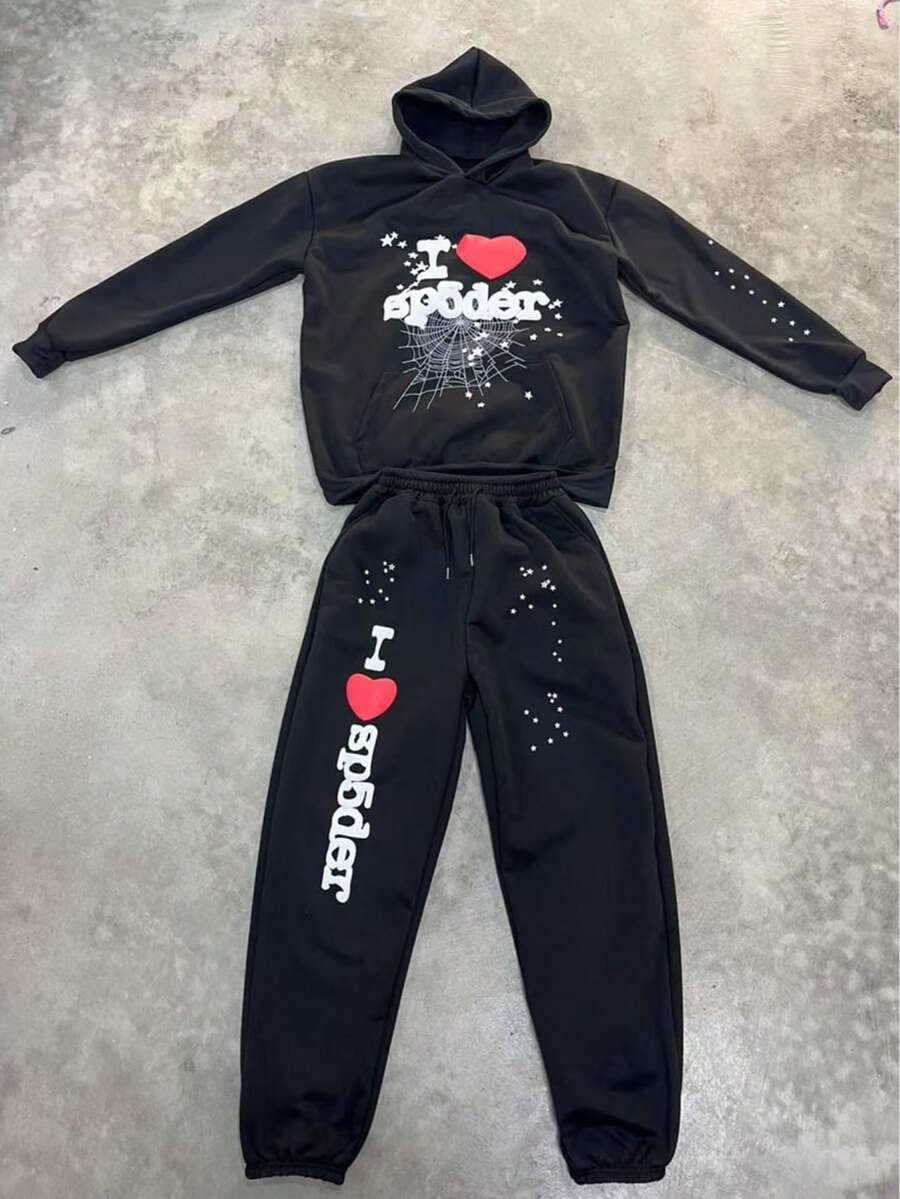 Classic Letter-Printed Men's And Women's Casual And Fashion Fleece Hooded Sweatshirt And Pants Set - Black - View 1