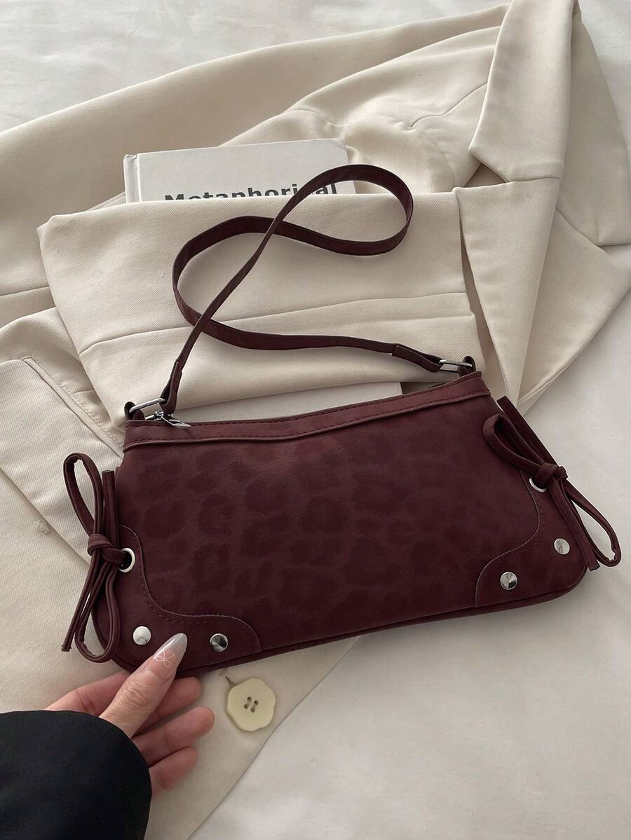 新款时尚豹纹撞色设计可折叠手提包/单肩包。适合外出、购物、工作、聚会、短途旅行。颜色：酒红色。 - 紅色 - 查看 1