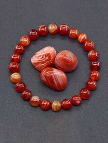1件天然石红条纹玛瑙珠手链，男女通用，真红玛瑙圆形，疗愈瑜伽冥想饰品，日常佩戴，象征稳定、勇气和活力。 - 紅色 - 查看 7