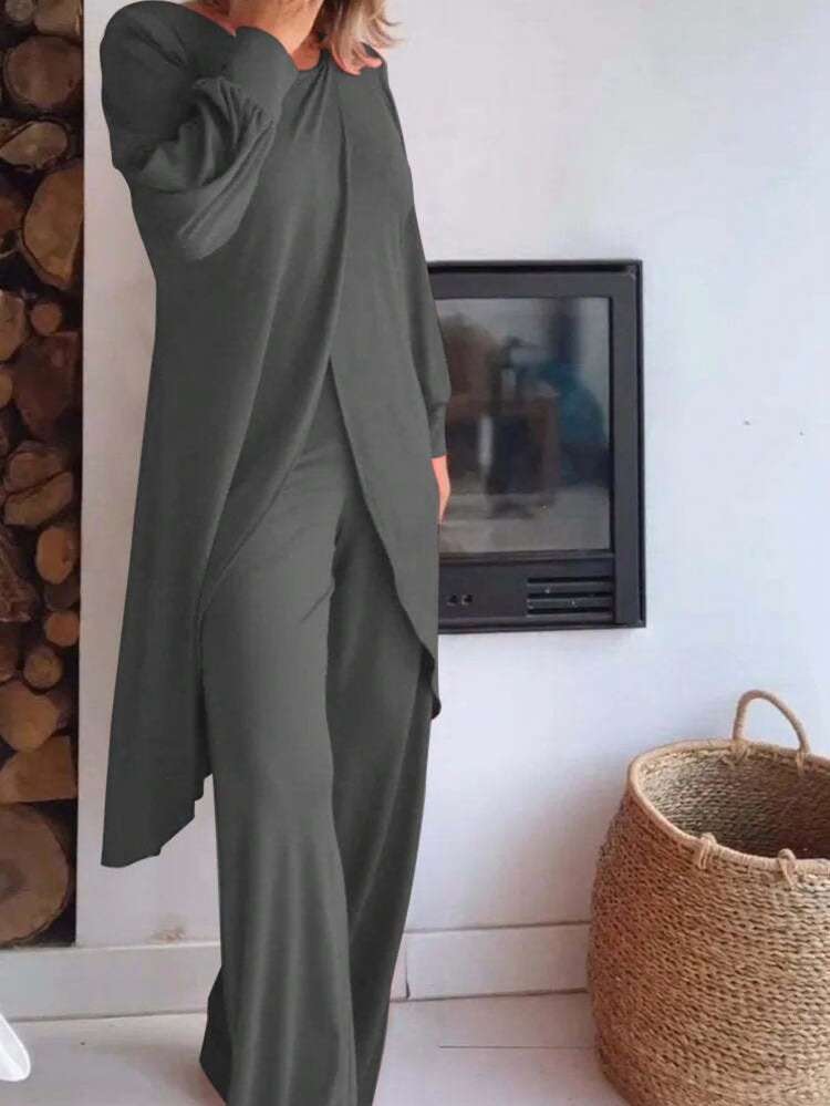Conjunto de pantalón y blusa de mujer de moda en estilo Zignone traje elegante y cómodo para ocasiones formales e informales con diseño moderno y ajuste perfecto que realza la silueta femenina ideal para el uso diario o eventos especiales - Gris Oscuro - Añade 1