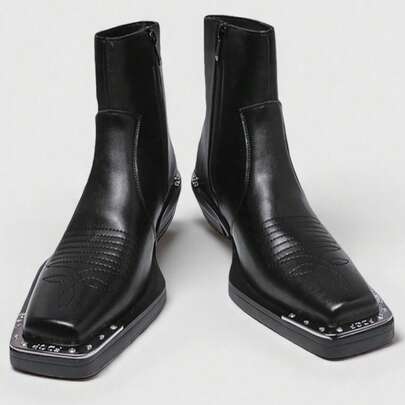 Men's Square Toe Chelsea Boots, Side Zipper Design, Brogue Carving Details With Metal Decor - Men's Fashion Formal Shoes, Party Shoes, Punk Style, Rockstar Knight Style - Fashionable Men's All-Season Boots, Suitable For Autumn/Winter, Rubber Sole, Durable And Comfortable, Also A Perfect Gift For Men Or Suitable For Outdoor Travel, Daily Commute And Wedding Parties.