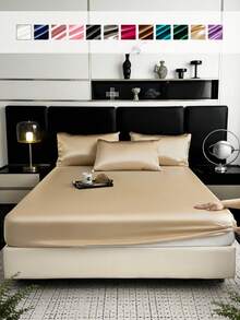 1pc Champagne Gold Satin Fitted Sheet - Sateen Fitted Sheet, Single/Double Bed Cover, Glossy & Soft, Fits Mattress Up To 12 Inch, Machine Washable, Comfortable For All Seasons, Lightweight & Luxurious, Dust-Proof Bed Cover, Available In Multiple Sizes, Great For Birthday, Christmas Gift, Casual Fitted Sheet In Multiple Colors (No Pillow Case Or Pillow Insert) - View 1