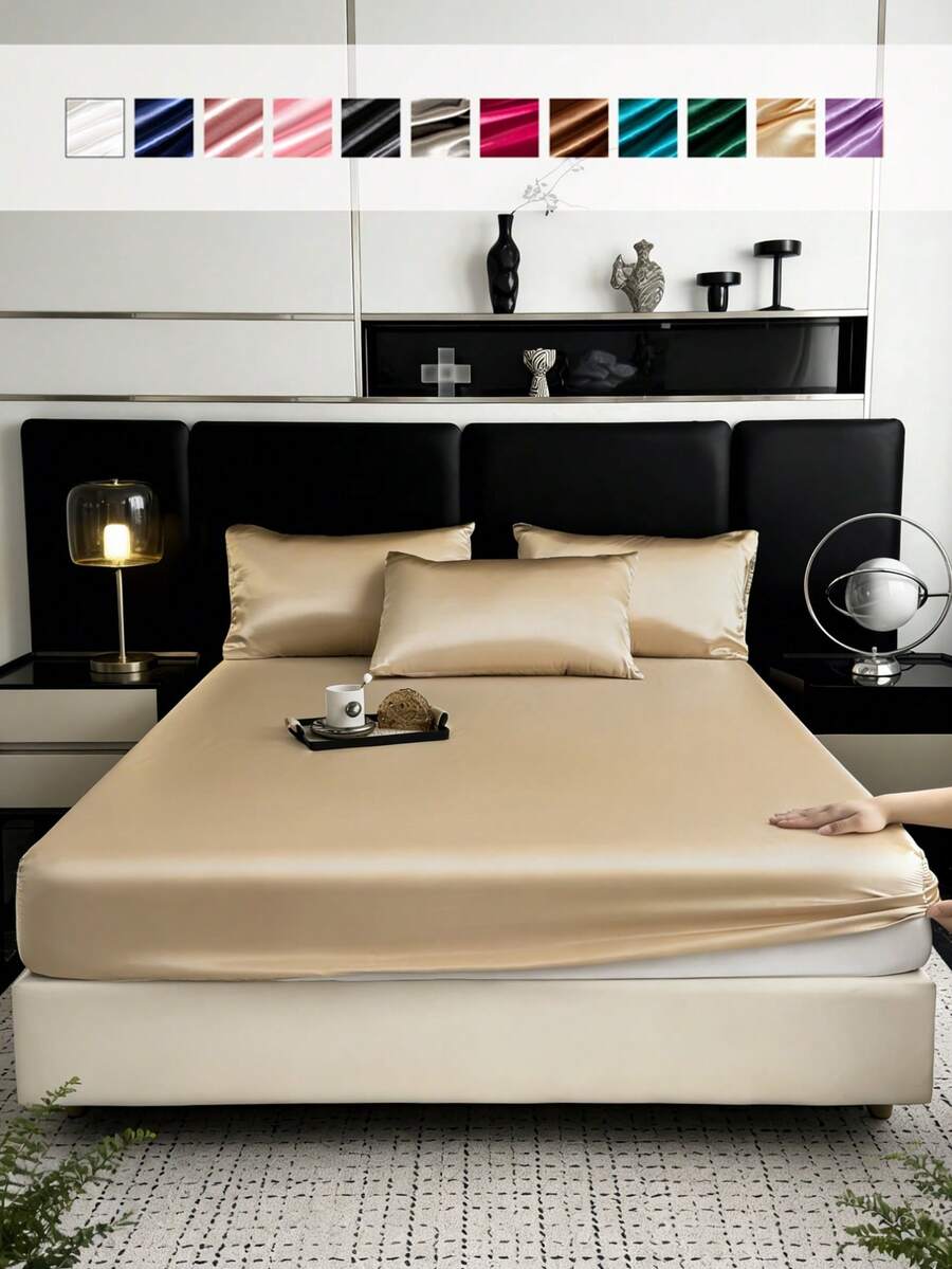 1pc Champagne Gold Satin Fitted Sheet - Sateen Fitted Sheet, Single/Double Bed Cover, Glossy & Soft, Fits Mattress Up To 12 Inch, Machine Washable, Comfortable For All Seasons, Lightweight & Luxurious, Dust-Proof Bed Cover, Available In Multiple Sizes, Great For Birthday, Christmas Gift, Casual Fitted Sheet In Multiple Colors (No Pillow Case Or Pillow Insert) - View 1