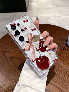 1件装 时尚创意全屏蝴蝶结花朵水晶樱桃2D绘画图案透明气囊TPU防震手机壳，适合作为节日礼物，兼容苹果、Galaxy S22/23/24/25/A05/A05S/A53/A54/A55等型号 - 彩色 - 查看 3