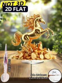 2D立体金色招财马亚克力桌面摆件，带硬币底座 - 2D立体印刷招财摆件，适用于家居、办公室、卧室、客厅，无需电池，乔迁新居、生日礼物，家居装饰及配件 - 多彩 - 查看 3