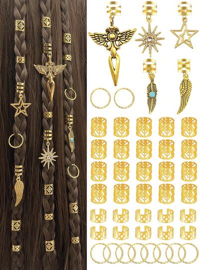 45PCS Gold Hair Jewelry For Braids Loc Jewelry Bling Sun&Star Feather Fly Braid Clips Multi Style Loc Dreadlock Beads Sprial Hair Decoration Hair Cuffs Rings Braid Accessories For Women And Men