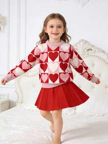 2 件套年轻女孩可爱优雅甜美学院风心形印花保暖内衬圆领长袖毛衣和裙子 2 件套，秋冬 - 紅色 - 查看 2