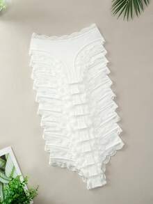 10pcs,Women's Thin White Lace Splicing Thong,Young Girls Fashion Sexy Romantic Bow Lace Panties Thong Panties,Comfortable Soft Breathable Thong Combo Set - White - View 4