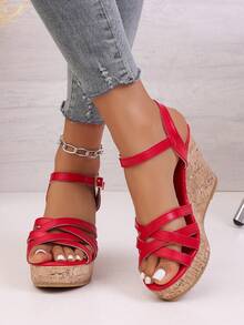 Women's Rhinestone Striped Decor Platform Sandals, Slimming Effect, Rhinestone Inlaid Stitching, Solid Glitter Pattern, Open Toe Ankle Strap, Chunky Heel, Luxurious Lady Style, Suitable For Party, Date, Daily Wear, Red Satin Material,Spring Summer Outfits - Red - View 5