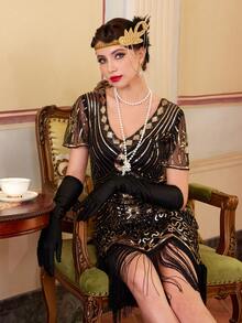 1920s Style Women's Dress, Fringe Sequin Cocktail Gown With Pearl Embellished Sheer Sleeves - Gold - View 3