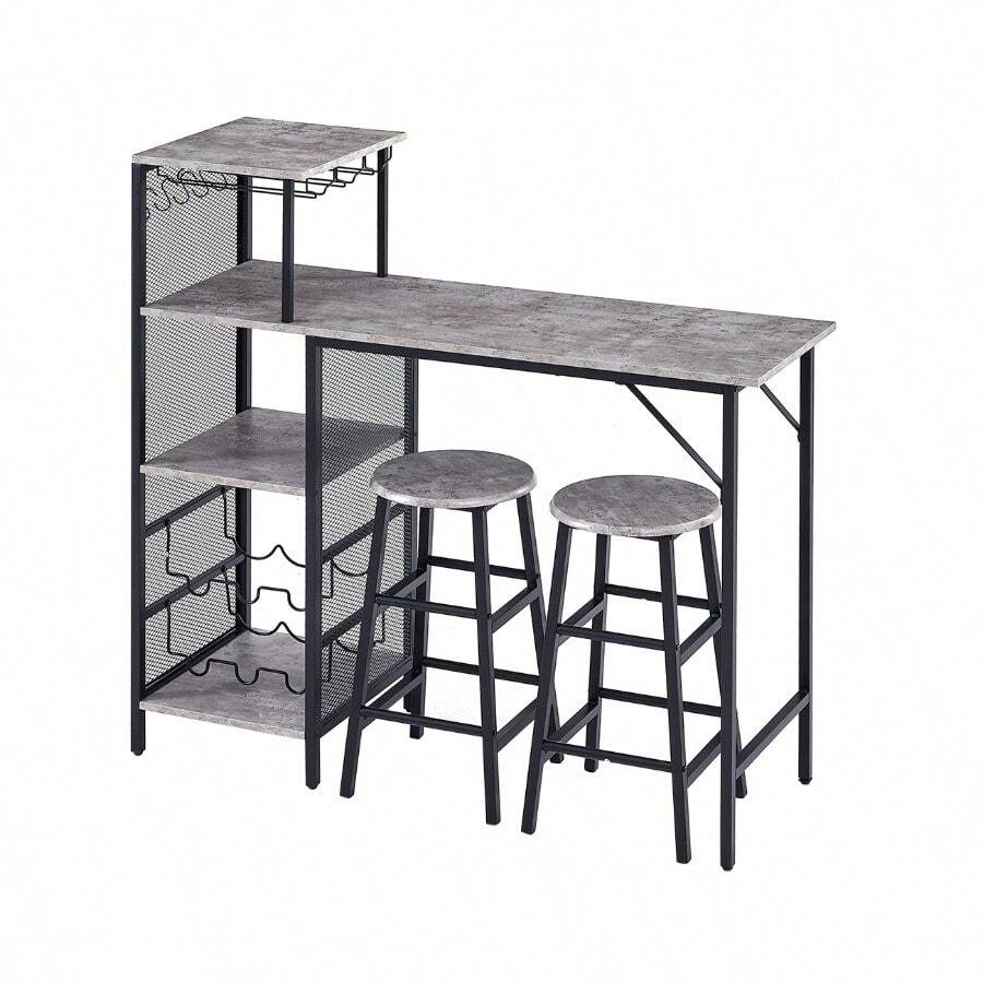 3Pcs Bar Table And Stools Set, Kitchen Breakfast Bar Table And Chairs Set 2 With Cup Holder And Wine Rack, Bar Table Sets Furniture For Kitchen, Dining Room, Pub, Cafe - Grey - View 1