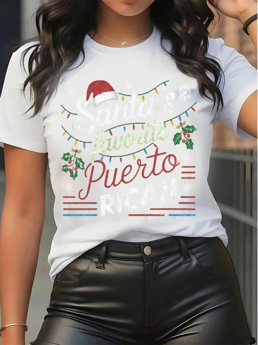 Tricou grafic de Crăciun, tricou cu mânecă scurtă cu imprimeu portorican preferat de Moș Crăciun, cu lumini de Crăciun, pălărie de Moș Crăciun decorată, casual, de sărbătoare