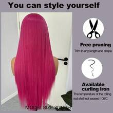 13x4 Rose Red Free Parting Straight Style 30 Inches Synthetic Lace Front Wig With Natural Look - Hot Pink - View 8