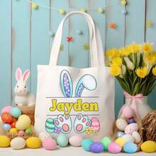 Personalized Easter Bunny Canvas Tote Bag, Customizable Easter Tote Bag With Name, Bunny Ear Easter Tote Bag, Children's Easter Tote Bag, Reusable Tote Bag, Easter Basket, Happy Easter, Easter Gift - Multicolor - View 3