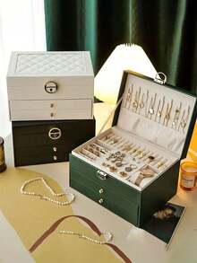 High-End, Large-Capacity Jewelry Storage Box, High-Quality PU Leather Belt Lock Jewelry Box, Three-Layer Jewelry Storage/Display Box, Travel Jewelry Box, Jewelry Storage Accessories, Jewelry Storage Container, Suitable For Rings, Necklaces, Bracelets, Earrings, Etc., A Gift For Girls, A Holiday Gift, A Valentine's Day Gift. - Multicolor - View 3