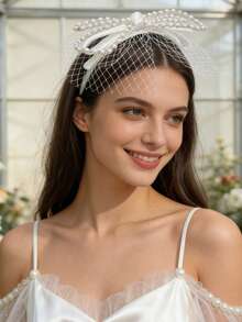 1pc Bridal Pearl Headband Veil Wedding Headpiece Hair Accessory - White - View 7