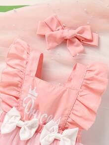 2pcs/Set Soft & Comfortable Casual Elegant Baby Girl Outfit, Cute Crown & Letter Pattern, Bow Decor, Ruffle Mesh Princess Romper Dress & Headband Set, Suitable For Party, Vacation, Photography And Daily Wear - Multicolor - View 6