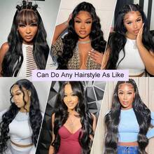 13x4HD Lace Closure Wig, Human Blended Hair 34 Inches - Glue-Free Water Wave Lace Front Wig, Pre-Plucked Hairline & Pre-Cut Lace | No Glue Required, 3-Second Wear, Beginner-Friendly | Natural Black, Ready To Wear - Natural & Black - View 9