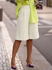 Women's Loose Fit Wide Leg Cuffed Capri Pants In Light Apricot, Suitable For Daily Wear, Street Style And Office, Versatile Item [Belt Not Included], Spring/Summer - Asaan - View 7