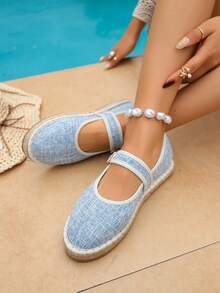新款复古优雅简约清新蓝色百搭亚麻绳底亚麻布中底透气舒适时尚休闲搭扣可调节轻便平底乐福鞋 - 淺藍色 - 查看 8