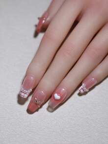 韩日风可爱甜心珍珠美甲贴片10片装，短款棺材形，100%纯手工制作，撞色腮红粉配金属线条，可重复使用，四季美甲用品 - 西瓜粉 - 查看 4