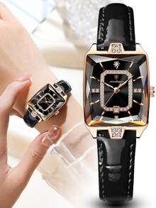 POEDAGAR 1件装时尚优雅女士防水夜光日期腕表，PU皮表带，水钻装饰，奢华女士石英腕表，适合日常佩戴，女士礼物