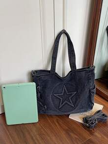 大容量水洗黑色牛仔布手提包，压花星形图案，男女通用时尚手提包，配有可拆卸圆形零钱包，多口袋设计，可调节可拆卸肩带，适合休闲、工作、上学、旅行等多种场合。 - 黑色 - 查看 9