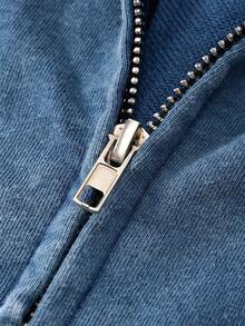 Washed Men's Airplane Print Zip-Up Hooded Casual Sweatshirt - Navy Blue - View 4