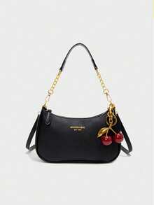 New Fashion Classic Versatile Letter Graphic Decor Solid Color Waterproof PU Fabric Shoulder Bag, Crescent Bag, Underarm Bag, Suitable For Shopping, Can Be Worn Crossbody. Decorated With Cherry Pendant, Crescent Bag For Summer, Suitable For Beach Vacation, Back To School Season, Women Wallet. - màu đen - Xem 1