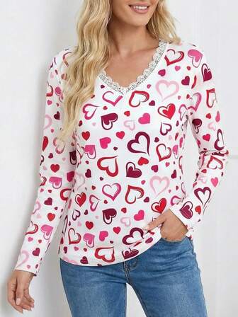 バレンタインデー ハート柄 長袖Tシャツ (プラスサイズ) - カジュアルVネック レース付き、ストレッチポリエステルブレンド、洗濯機洗い可能