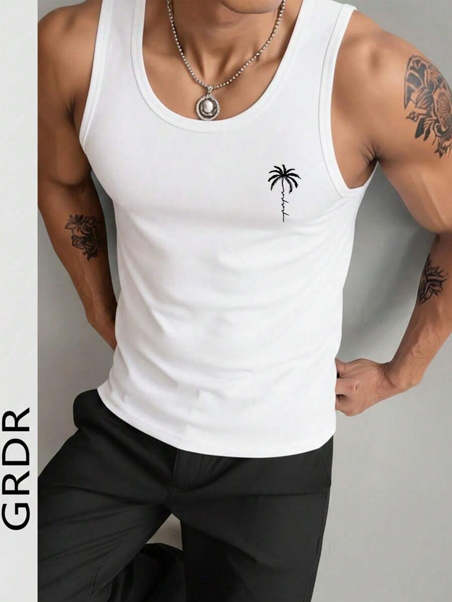 GRDR 1pc Men's Casual Coconut Tree Print Round Neck Tank Top, Summer - White - View 1