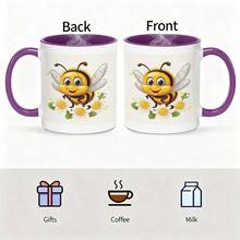 1pc Hardworking Bee Design Mug - 11oz Ceramic Coffee & Tea Cup With Cute Cartoon Bee, Daisies & Polka Dot Pattern - Perfect Gift For Elderly Men, Women, Birthdays, Mother's Day, Father's Day, Christmas, Bee Decorations For Home, Everyday Drinkware, Cheerful Kitchenware, Durable Drinkware - 紫色 - 查看 7
