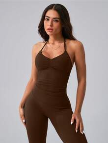 NcmRyu 1 Set Women's Fashion Elastic Halter Neck Tank Top And Pants Sportswear Set Summer - Brown - View 7