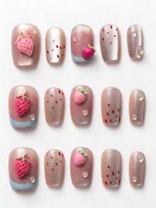 50个可爱草莓美甲装饰品，3D粉色逼真水果美甲饰品，美甲配件 - 彩色 - 查看 2