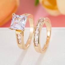 女士两件套铜戒指，优雅复古新娘叠戴戒指，镶嵌闪亮锆石，日常/婚礼首饰，情人节礼物 - 婚禮對戒8 - 查看 12