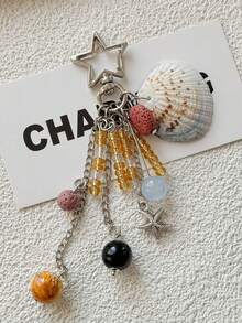 1个手工制作的海星贝壳包饰，浪漫复古金色串珠吊坠，海洋风钥匙扣 - 銀色 - 查看 3