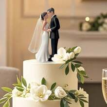 Elegant Bride & Groom Wedding Cake Topper With Veil 4.3" - Anniversary, Bridal Shower, Engagement Party Decoration - Black White - 查看 5