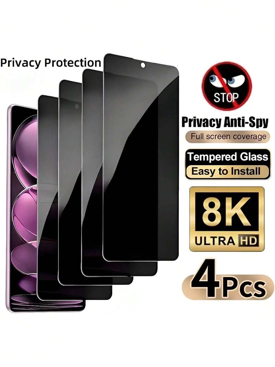 4 buah Pelindung Layar Kaca Tempered Privasi, Kompatibel dengan Redmi Note 14/13 Pro 4G/5G, 12 Pro Plus, 11, 11S, 10, 10S Pro, 15T, 14T, 13T Pro, 11T, 11 Lite 5G/NE, Kekerasan 9H, Film Kaca Tempered Ultra Jernih, Pelindung Layar Anti-Intip - Clear - View 1