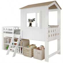Children's Bed, Mid-Sleeper Bed, House Bed With Roof And Window, Four-Sided Fence, With Small Stairs, Free Storage Space Under The Bed, Pine + MDF + Plywood, White + Natural, 90x200cm - 白色 - 查看 1