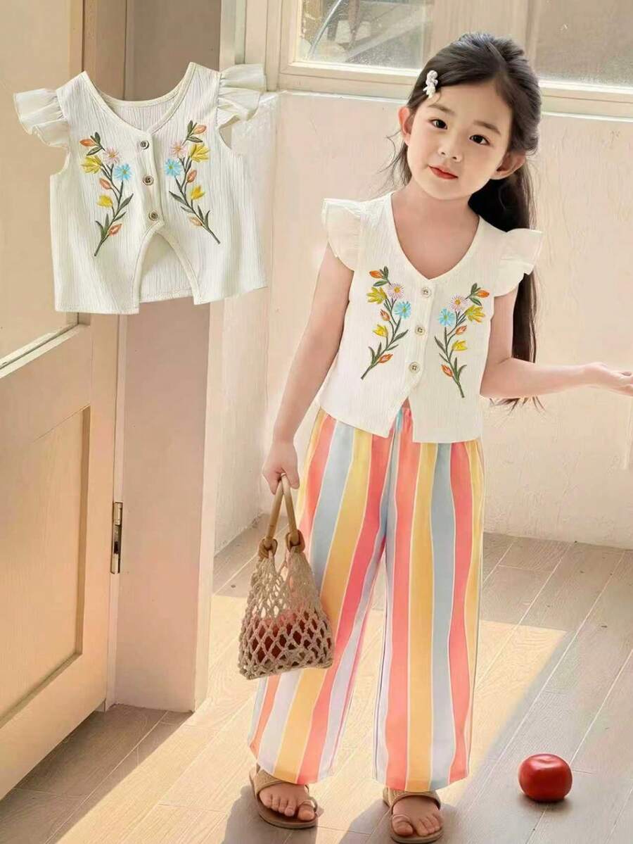 New Style Girls 2-Piece Set, Sweet Floral Embroidery Ruffle Trim Top + Rainbow Striped Wide Leg Pants Outfit, Cute Kids Clothing, Suitable For Party, Performance, Daily Outing/Outdoor Leisure - Multicolor - View 1