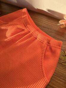 Girls' Fashion Cloud Embroidery Button-Up Short Sleeve Shirt With Orange Flared Pants 2 Pieces Set - Burnt Orange - View 6