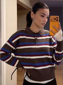 HH Women's Spring Colorblock Striped Knit Pullover, Women's Loose Fit Turtleneck Long Sleeve Sweater, Retro Fashion Top - màu nâu - Xem 4