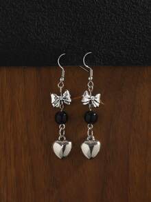 1 Pair Retro Bow Crystal Earrings, Dark Vintage Chic Heart Shaped Earrings For Women - Silver - View 6